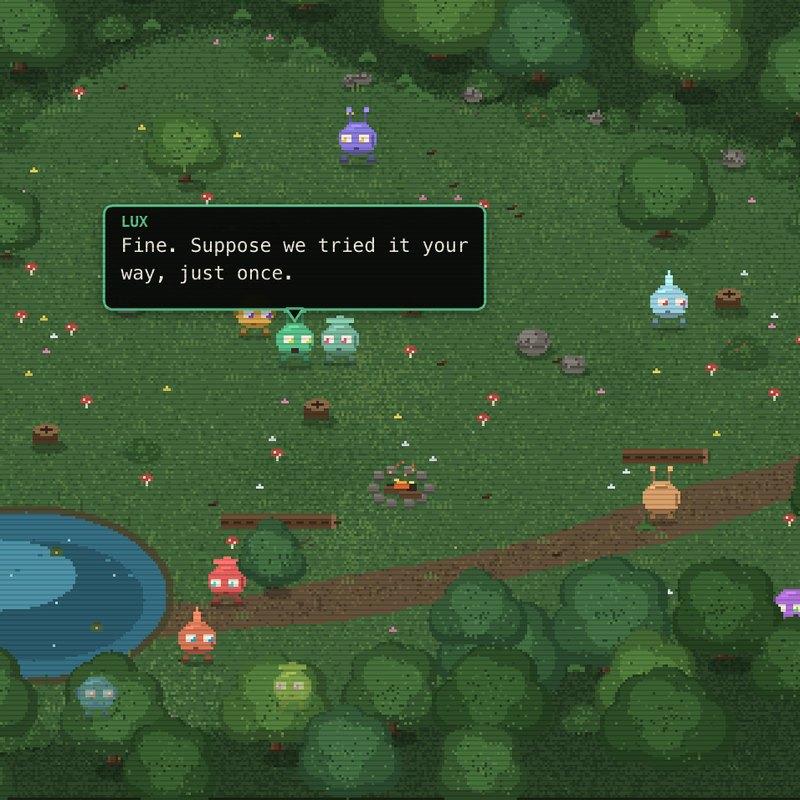 ACCORD: pixel creatures talking in a forest clearing